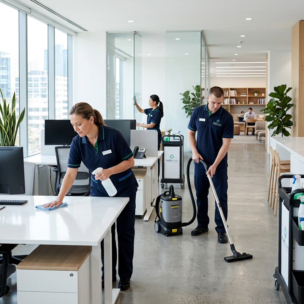 Professional cleaning staff in a spotless office